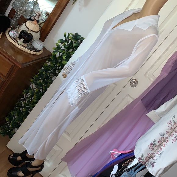 Y2K White sheer flapper fringe sexy maxi duster cardigan club coat jacket S - Picture 12 of 14